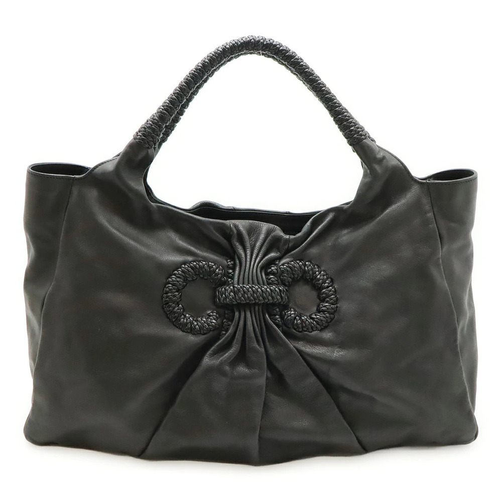 Salvatore Ferragamo Gancini Tote Bag Handbag Braided Handles Leather Black